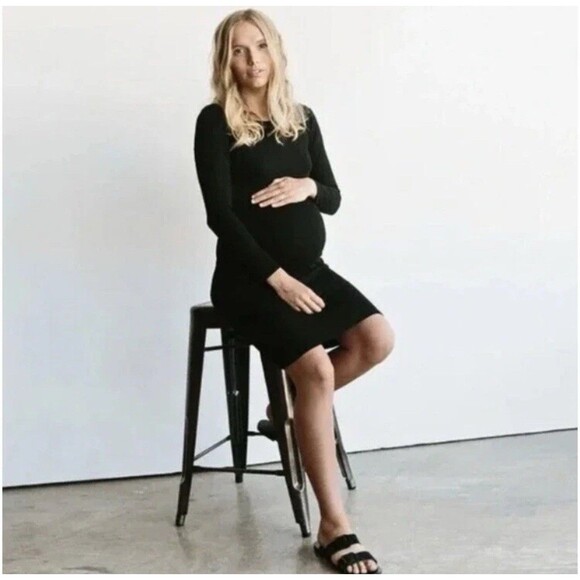 Storq Maternity Ribbed Long Sleeve Black Bodycon Dress Size Petite 1 Small - Picture 1 of 5
